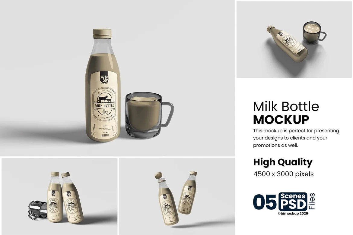 用于品牌展示的牛奶瓶 PSD样机素材